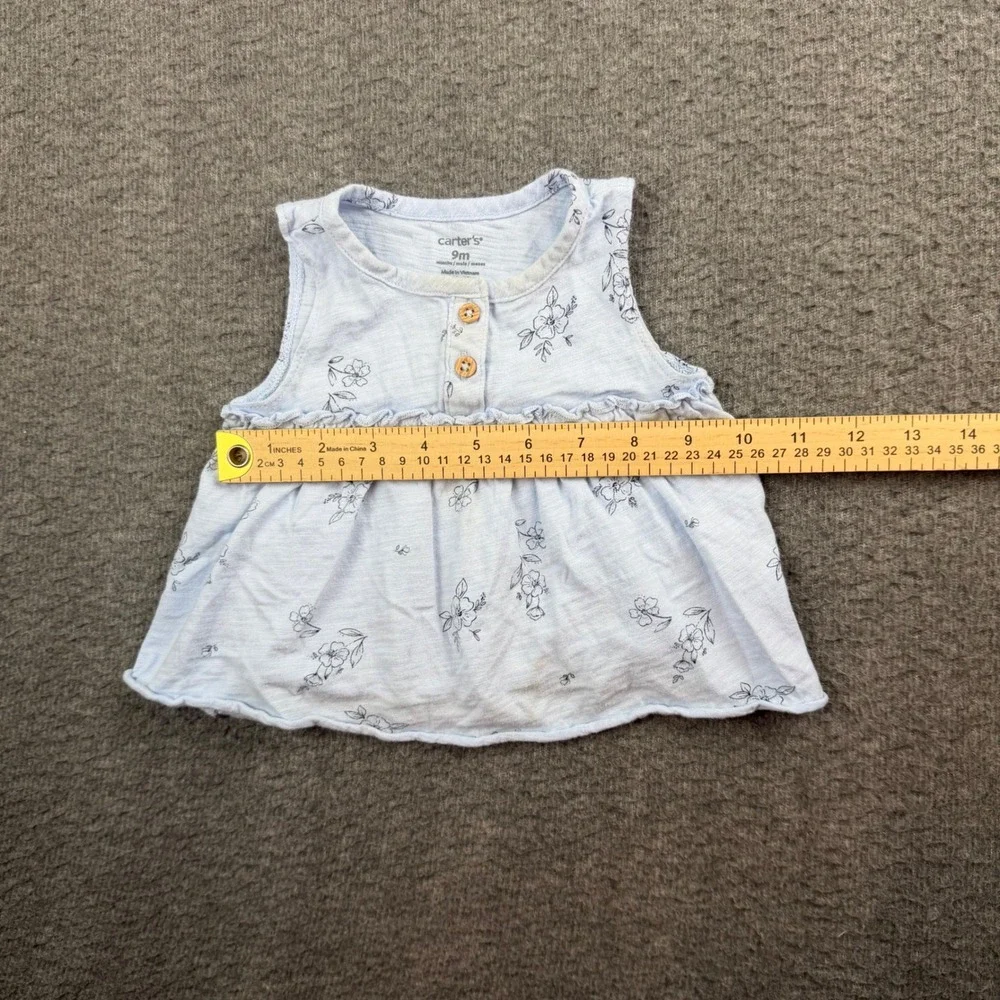 Carter's Floral Sleeveless Top Baby Girl 9M Blue Henley Ruffle Babydoll Shirt‎